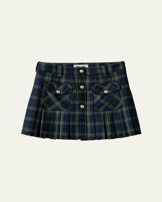 Pleated Tartan Mini Wool Skirt